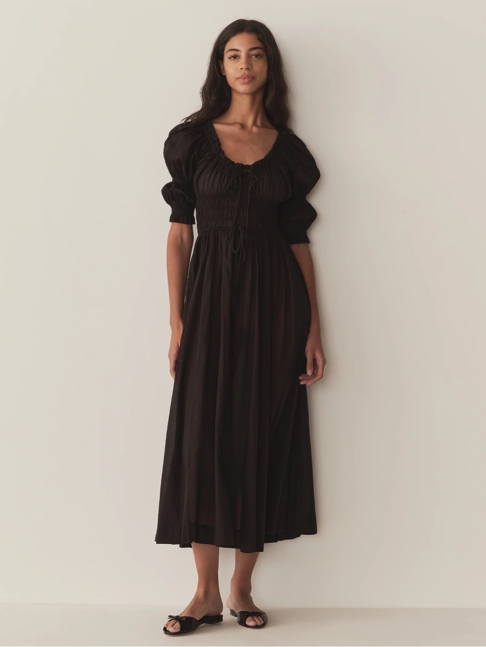 DÔEN Ischia Smocked Puff Sleeve Midi Dress Black Size XL